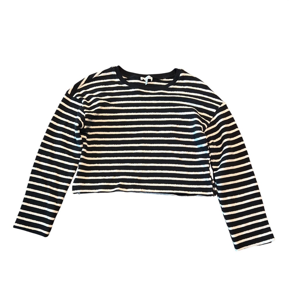 Miou Muse Black White Striped Cropped Long Sleeve Knit Top‎ Crew Neck Medium